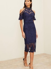 Lipsy Navy Premium Lace High Neck Cold Shoulder Midi Dress - Image 3 of 4