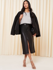 Friends Like These Black Faux Leather Split Front Denim Midi Skirt - Image 2 of 4