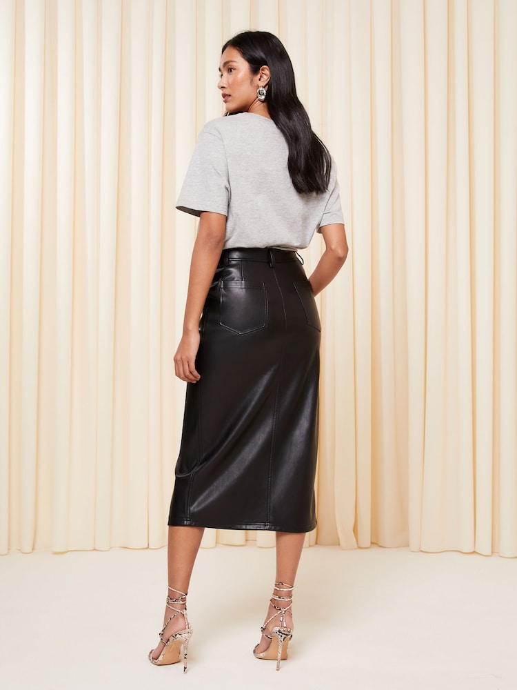 Zwart imitatieleer - Friends Like These - Denim midirok met split in de voorkant - Image 3 of 4
