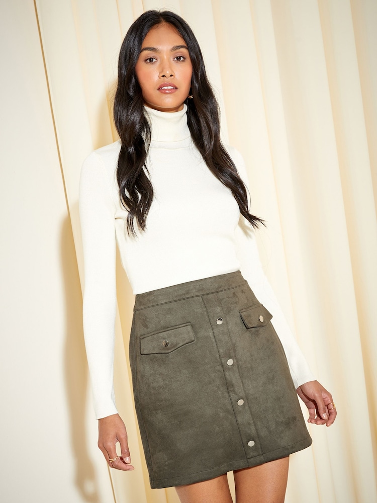 Friends Like These Khaki Green Suedette Pockets Button Detail Mini Skirt - Image 1 of 4