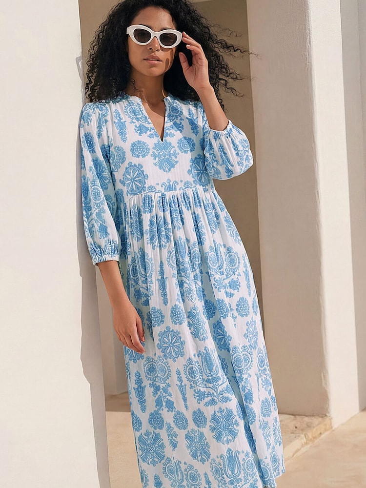 Roman Blue V-Neck Floral Shirt Dress - Image 1 of 4 Roman Blue V-Neck Floral Shirt Dress - Image 1 of 4