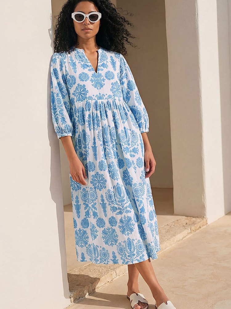 Roman Blue V-Neck Floral Shirt Dress - Image 2 of 4 Roman Blue V-Neck Floral Shirt Dress - Image 2 of 4