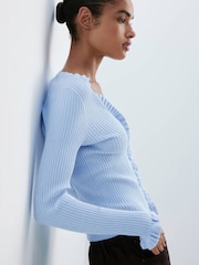 Mango Blue Scoop Neckline Frill Trim Cardigan - Image 1 of 6
