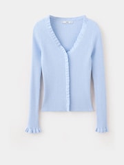 Mango Blue Scoop Neckline Frill Trim Cardigan - Image 4 of 6