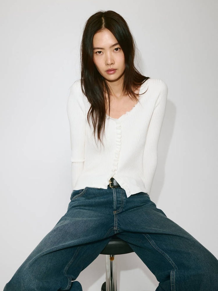 Mango Cream Scoop Neckline Frill Trim Cardigan - Image 1 of 7