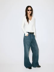 Mango Cream Scoop Neckline Frill Trim Cardigan - Image 2 of 7