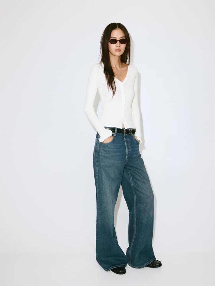 Mango Cream Scoop Neckline Frill Trim Cardigan - Image 2 of 7