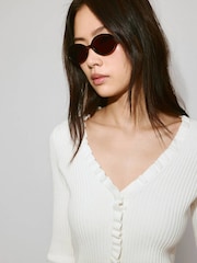 Mango Cream Scoop Neckline Frill Trim Cardigan - Image 4 of 7