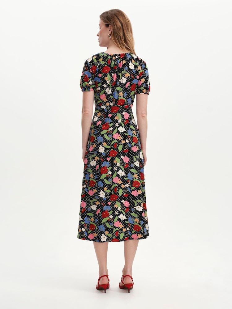 Finery Black Floral Petite Jada Puff Sleeve Midi Dress - Image 2 of 4 Finery Black Floral Petite Jada Puff Sleeve Midi Dress - Image 2 of 4