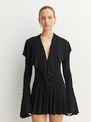 Norma Kamali Black Deep V-Neck Ruffle Mini Dress - Image 4 of 12