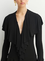 Norma Kamali Black Deep V-Neck Ruffle Mini Dress - Image 5 of 12