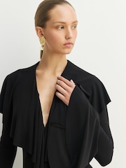 Norma Kamali Black Deep V-Neck Ruffle Mini Dress - Image 6 of 12