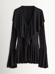 Norma Kamali Black Deep V-Neck Ruffle Mini Dress - Image 7 of 12