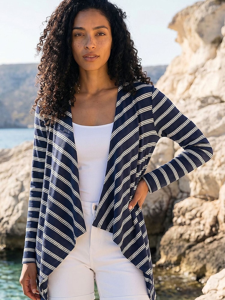 Roman Blue Waterfall Stripe Knit Cardigan - Image 1 of 4 Roman Blue Waterfall Stripe Knit Cardigan - Image 1 of 4