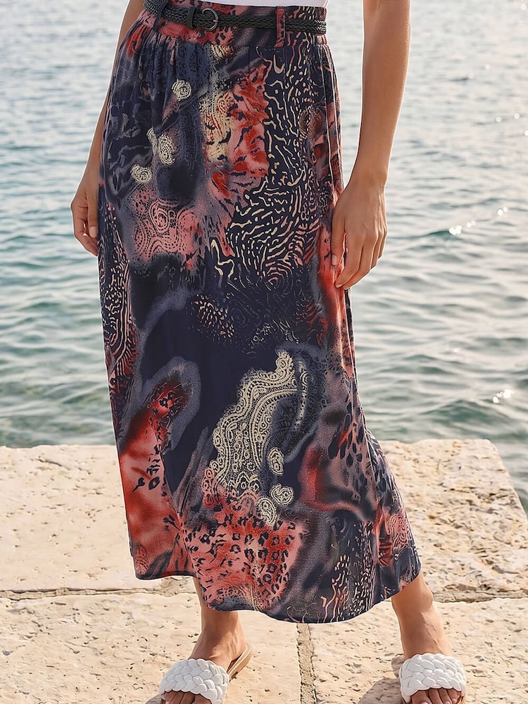Roman Blue Paisley Print Belted Midi Skirt - Image 1 of 4