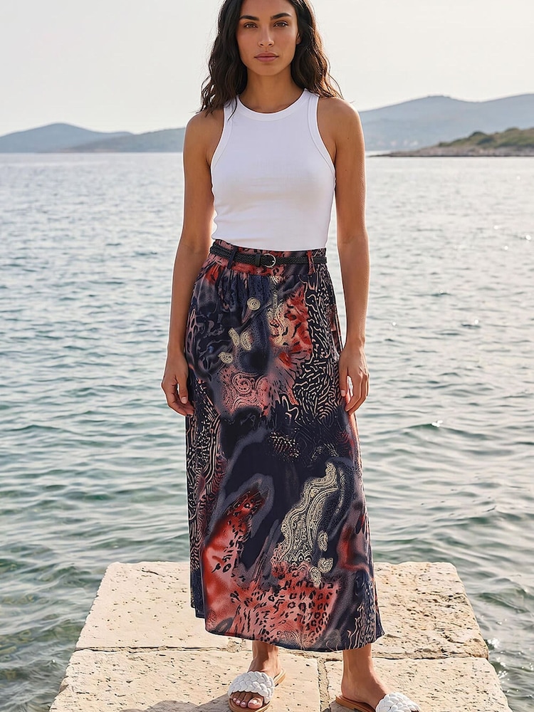 Roman Blue Paisley Print Belted Midi Skirt - Image 2 of 4