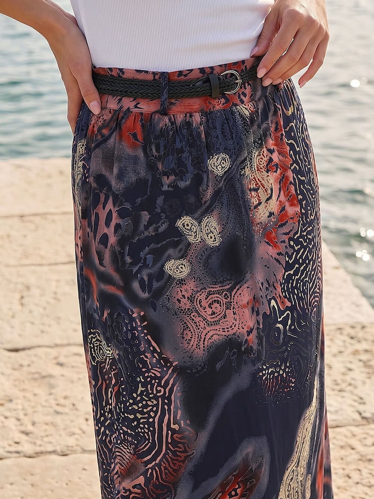 Roman Blue Paisley Print Belted Midi Skirt - Image 4 of 4