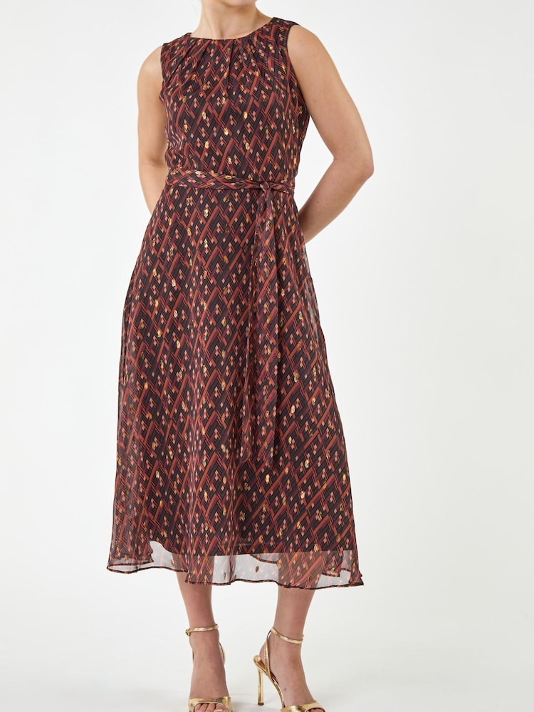 Roman Brown Print Chiffon Pleated Midi Dress - Image 1 of 4