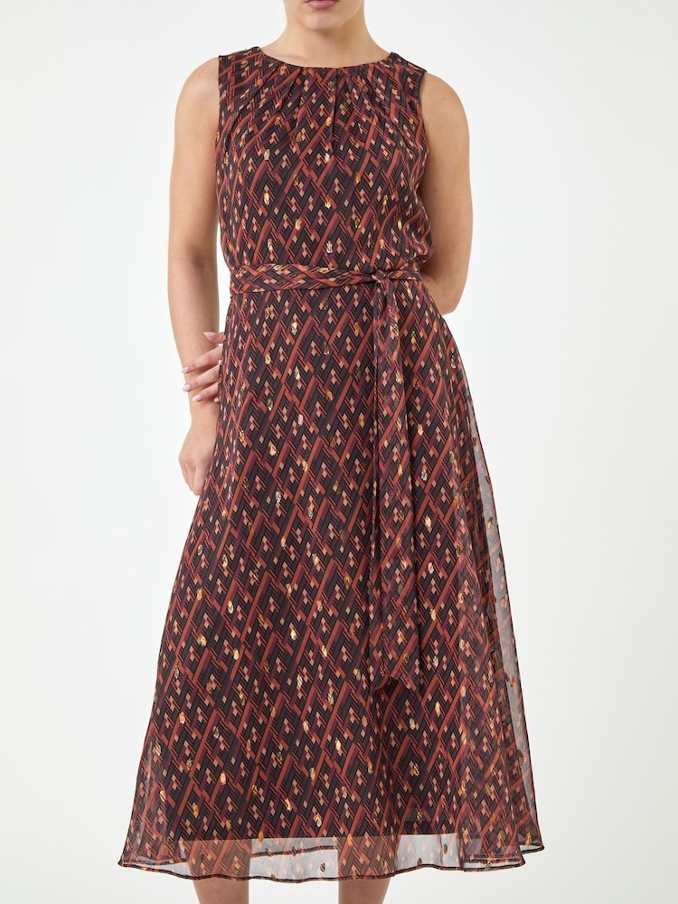Roman Brown Print Chiffon Pleated Midi Dress - Image 2 of 4