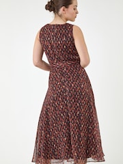 Roman Brown Print Chiffon Pleated Midi Dress - Image 3 of 4