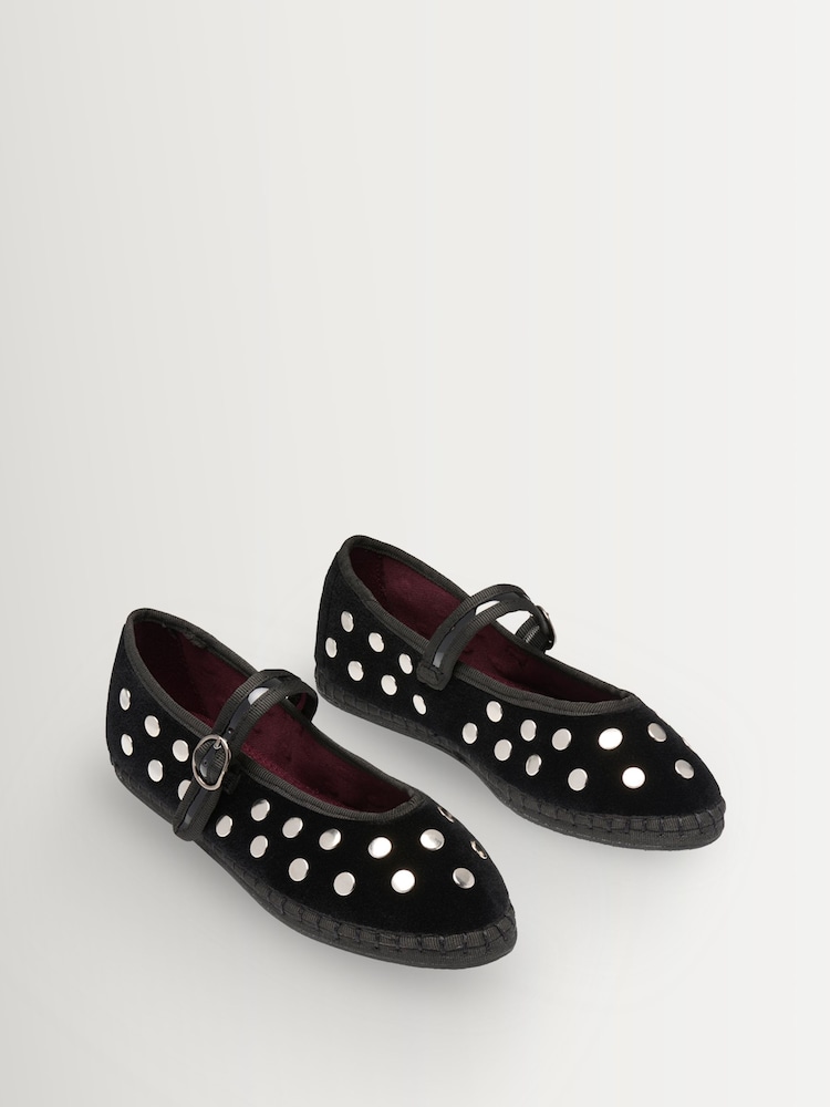 Flabelus Silver Black Mae Studded Velvet Mary Jane Ballet Flats - Image 2 of 3 Flabelus Silver Black Mae Studded Velvet Mary Jane Ballet Flats - Image 2 of 3