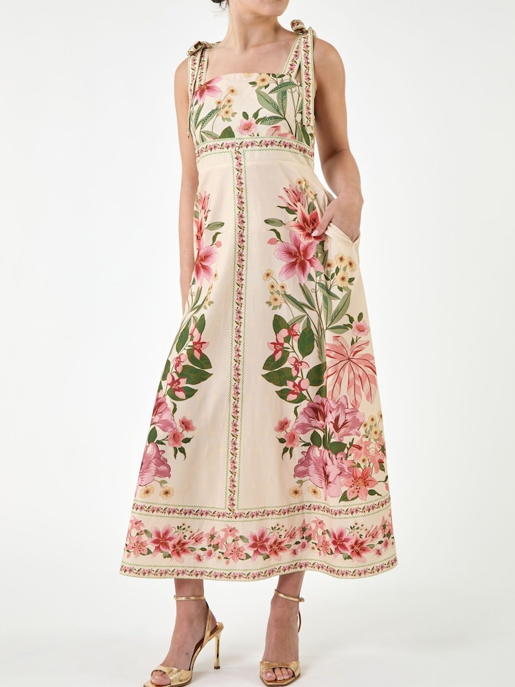 Roman White Tropical Print Sequin Midi Dress - Image 1 of 4 Roman White Tropical Print Sequin Midi Dress - Image 1 of 4