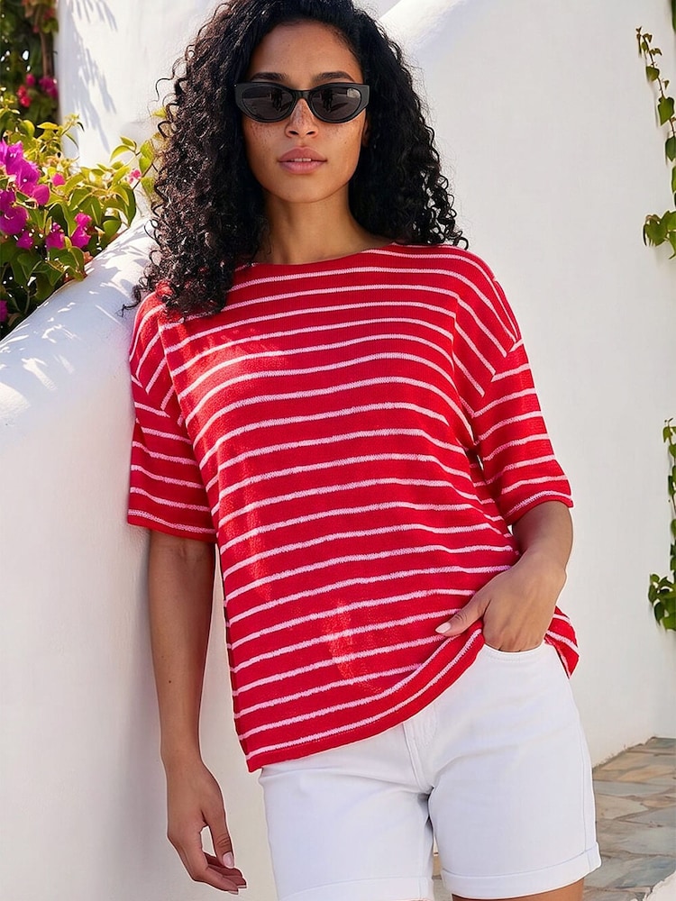 Roman Red Stripe Print Snit Jersey Top - Image 1 of 4