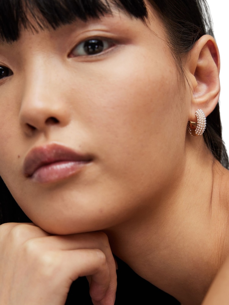 AllSaints Gold Tone Chunky Pearl Huggies - Image 4 of 4