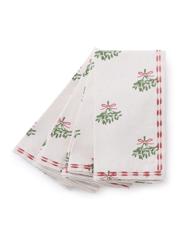 Sophie Allport Set of 4 OffWhite Mistletoe Embroidered Napkins - Image 3 of 3