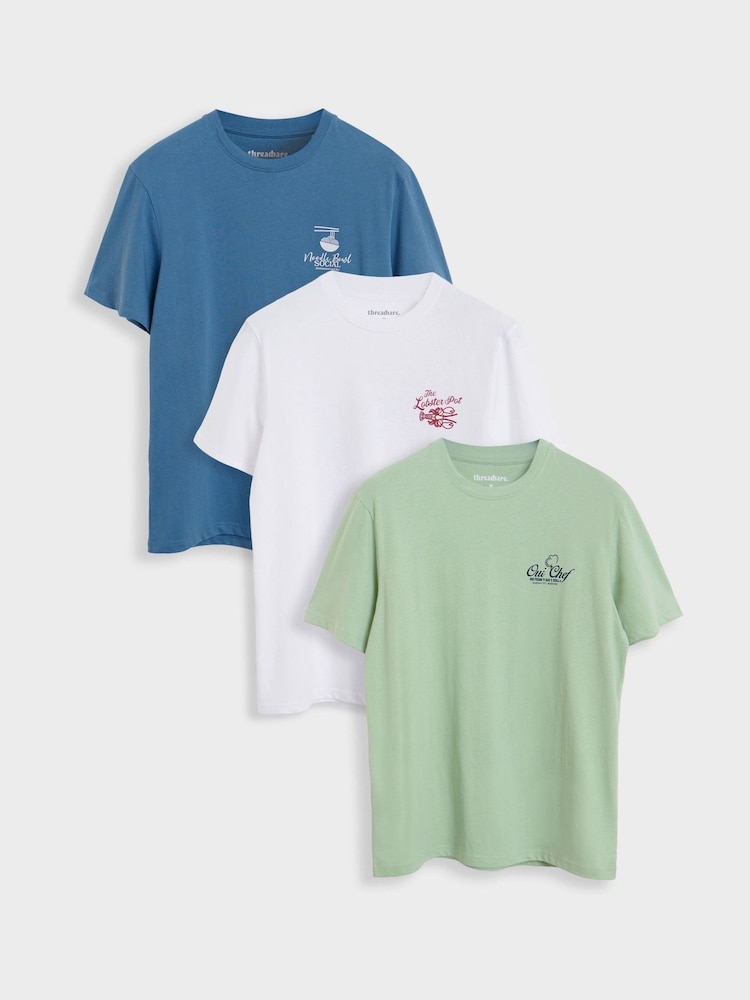 Threadbare Blue Cotton Crew Neck Graphic T-Shirts 3 Pack - Image 1 of 7 Threadbare Blue Cotton Crew Neck Graphic T-Shirts 3 Pack - Image 1 of 7