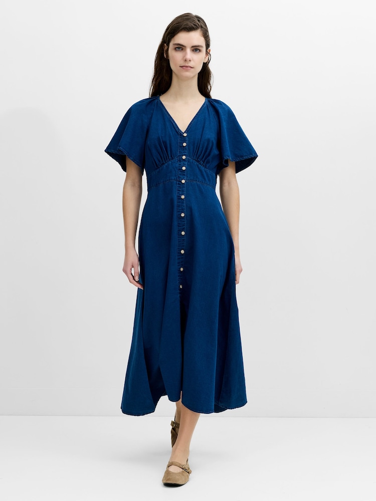 French Connection Blue Zaves Chambray Button Through Dress - Image 1 of 7 French Connection Blue Zaves Chambray Button Through Dress - Image 1 of 7