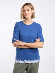 Weird Fish Blue Lyndon Lace Trim Crew Neck T-Shirt - Image 1 of 7