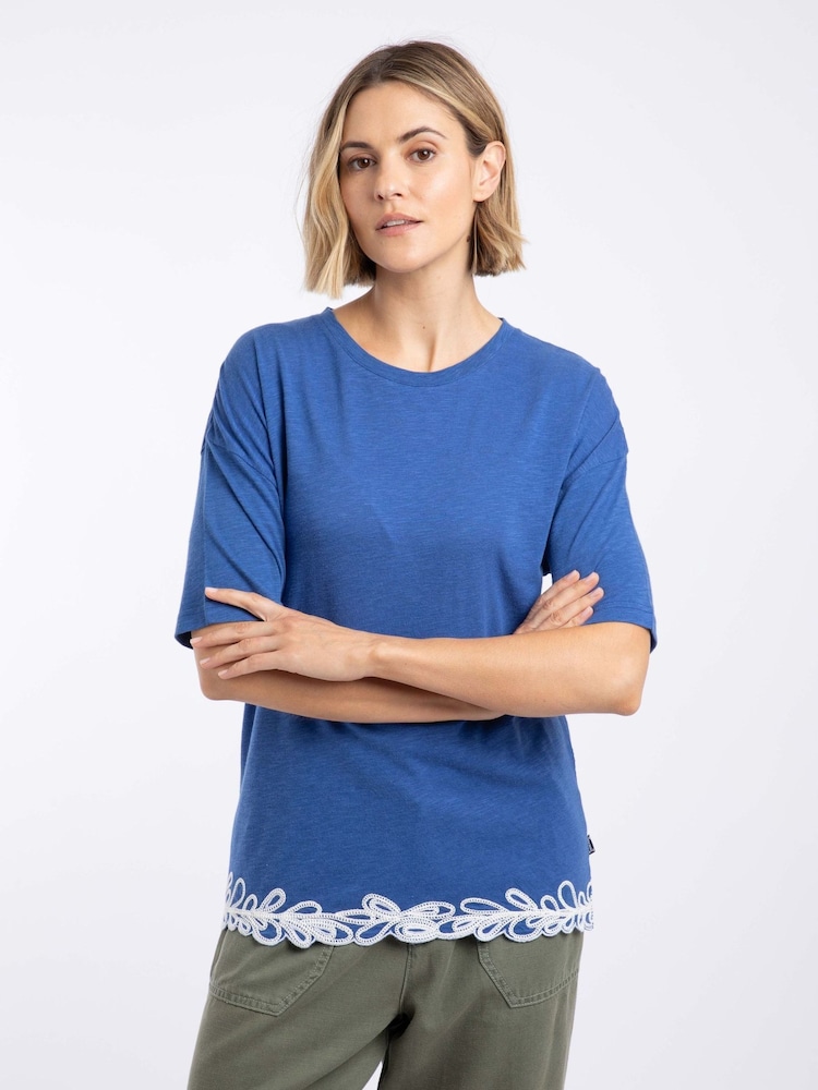 Weird Fish Blue Lyndon Lace Trim Crew Neck T-Shirt - Image 1 of 7 Weird Fish Blue Lyndon Lace Trim Crew Neck T-Shirt - Image 1 of 7