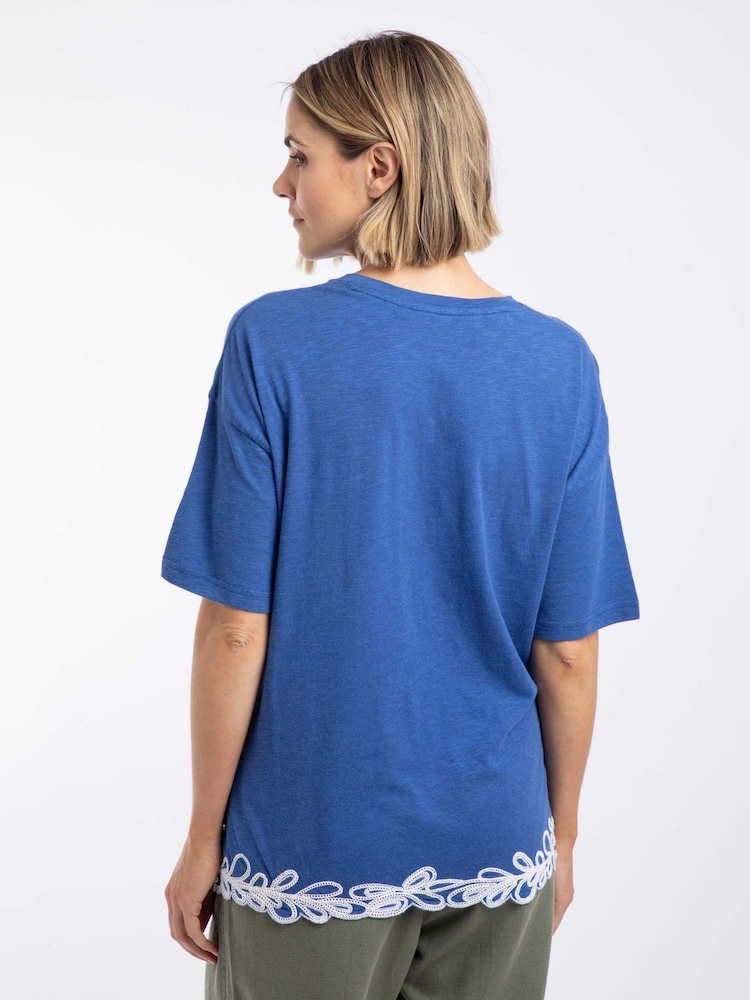 Weird Fish Blue Lyndon Lace Trim Crew Neck T-Shirt - Image 2 of 7 Weird Fish Blue Lyndon Lace Trim Crew Neck T-Shirt - Image 2 of 7