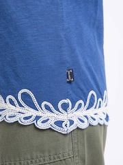 Weird Fish Blue Lyndon Lace Trim Crew Neck T-Shirt - Image 4 of 7