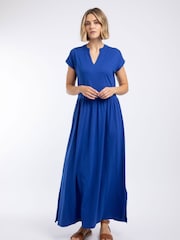 Weird Fish Blue Reed Plain Jersey Notch Neck Maxi Dress - Image 1 of 7
