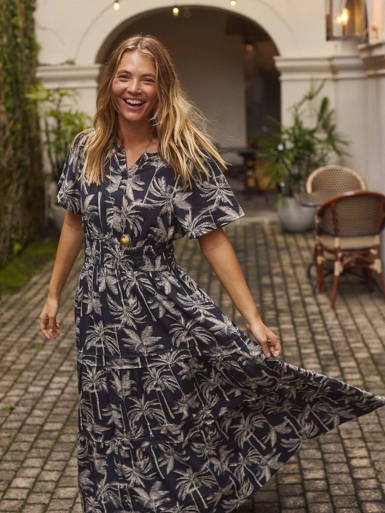 Weird Fish Black Rhianne Printed Tiered Maxi Dress - Image 1 of 8 Weird Fish Black Rhianne Printed Tiered Maxi Dress - Image 1 of 8