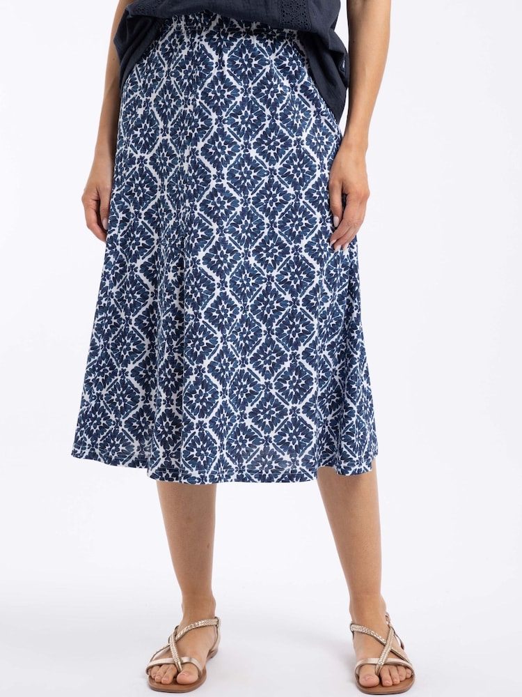Weird Fish Blue Romaro Printed Jersey Midi Skirt - Image 1 of 6 Weird Fish Blue Romaro Printed Jersey Midi Skirt - Image 1 of 6