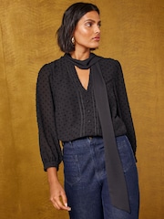 Love & Roses Black Dobby Chiffon Scarf Neck 3/4 Sleeve Blouse - Image 1 of 6