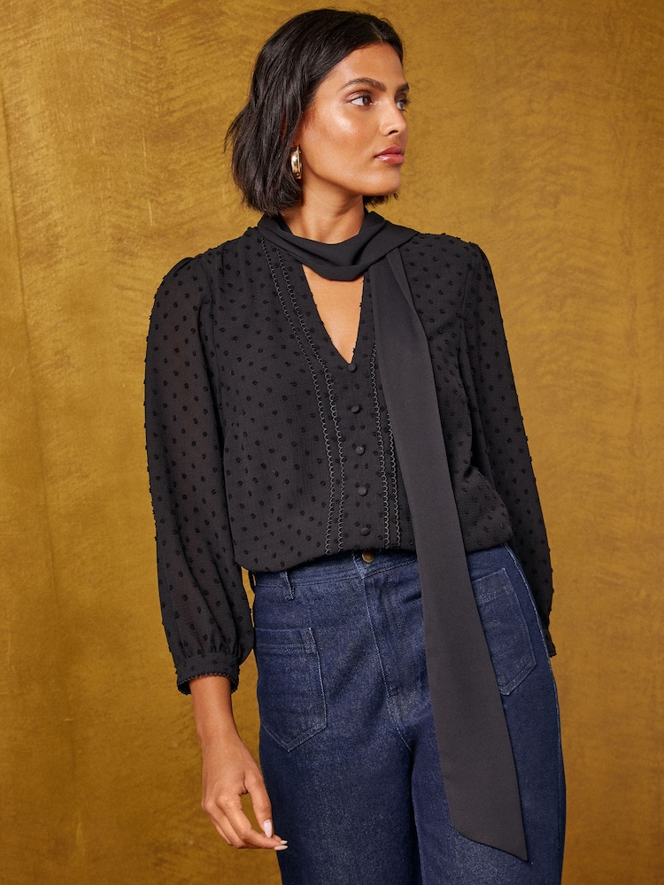 Love & Roses Black Dobby Chiffon Scarf Neck 3/4 Sleeve Blouse - Image 1 of 6 Love & Roses Black Dobby Chiffon Scarf Neck 3/4 Sleeve Blouse - Image 1 of 6