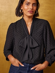 Love & Roses Black Dobby Chiffon Scarf Neck 3/4 Sleeve Blouse - Image 2 of 6