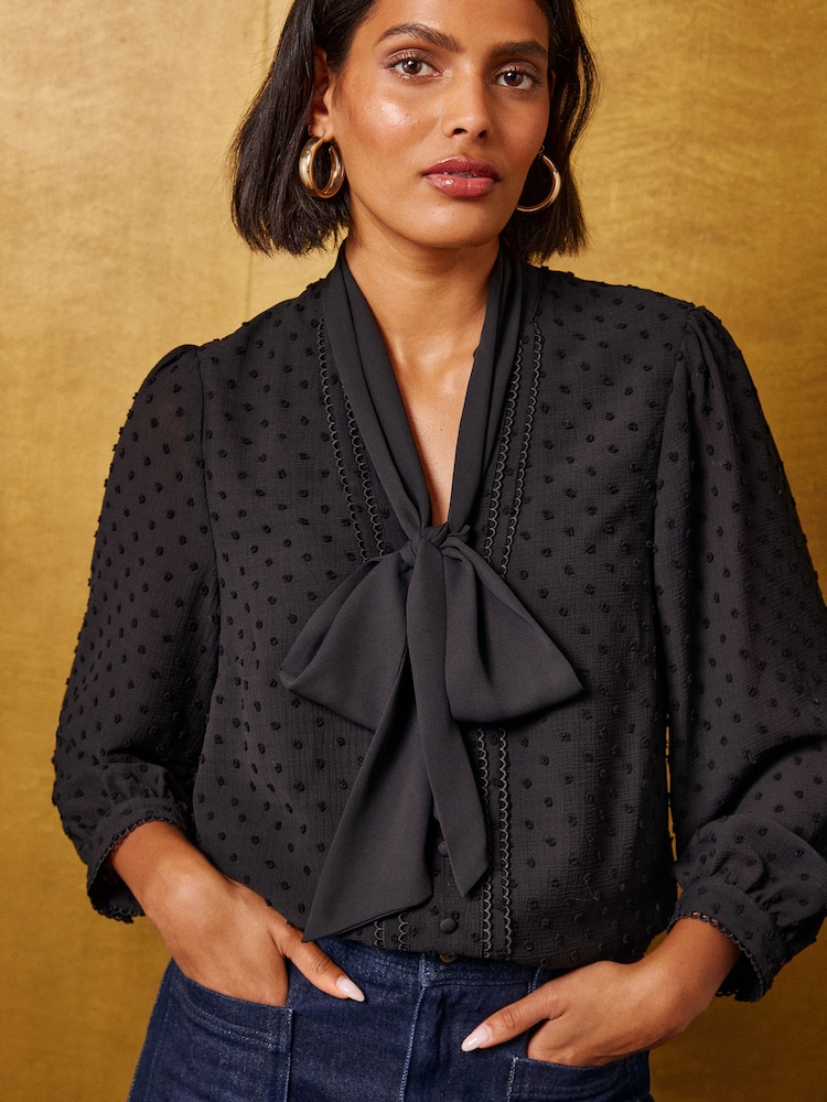 Love & Roses Black Dobby Chiffon Scarf Neck 3/4 Sleeve Blouse - Image 2 of 6 Love & Roses Black Dobby Chiffon Scarf Neck 3/4 Sleeve Blouse - Image 2 of 6