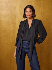 Love & Roses Black Dobby Chiffon Scarf Neck 3/4 Sleeve Blouse - Image 3 of 6