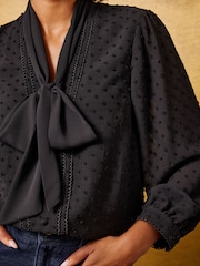 Love & Roses Black Dobby Chiffon Scarf Neck 3/4 Sleeve Blouse - Image 4 of 6
