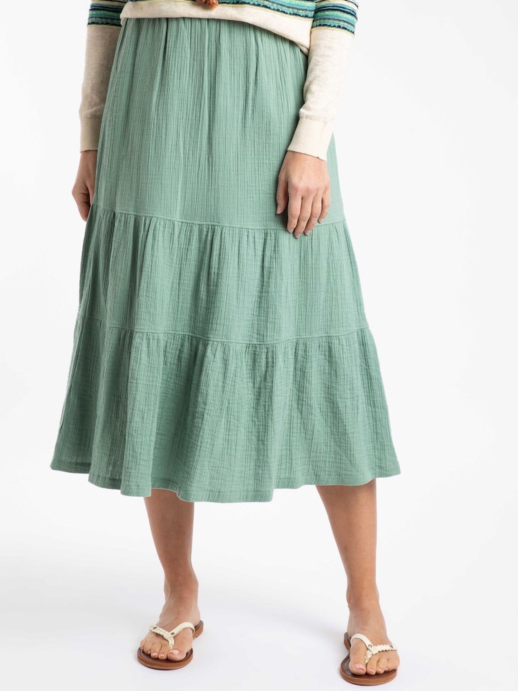 Weird Fish Green Lathika Double Cloth Tiered Midi Skirt - Image 2 of 7 Weird Fish Green Lathika Double Cloth Tiered Midi Skirt - Image 2 of 7