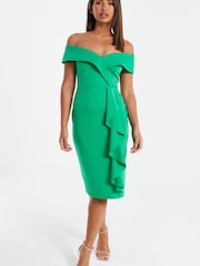 Quiz Green Bardot Frill Midi Dress - Image 1 of 6