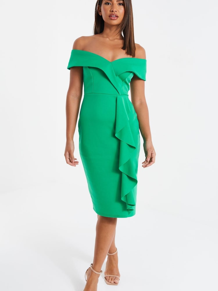 Quiz Green Bardot Frill Midi Dress - Image 1 of 6