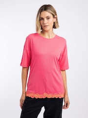 Weird Fish Pink Lyndon Lace Trim Crew Neck T-Shirt - Image 1 of 6