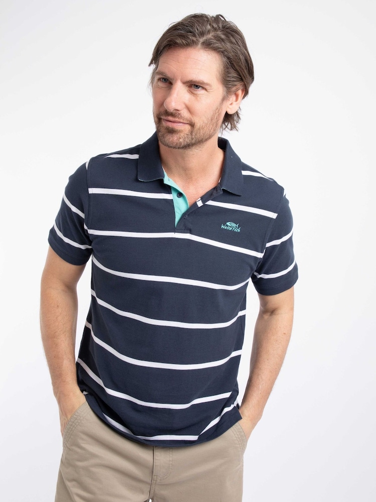 Weird Fish Blue Fabian Striped Pique Polo Shirt - Image 1 of 8 Weird Fish Blue Fabian Striped Pique Polo Shirt - Image 1 of 8