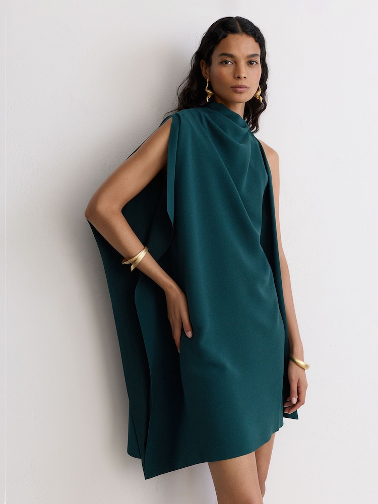 Reiss Teal Green Ellery One-Shoulder Draped Mini Dress - Image 1 of 6 Reiss Teal Green Ellery One-Shoulder Draped Mini Dress - Image 1 of 6